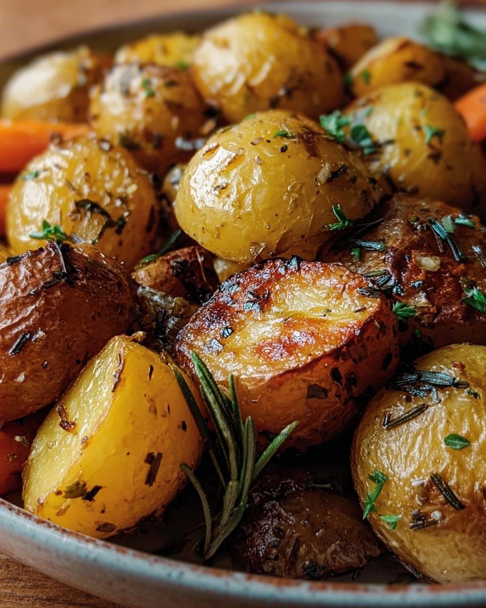Close-up of Garlic Herb Roasted Potatoes with fresh herbs, showing golden-brown and crispy texture.