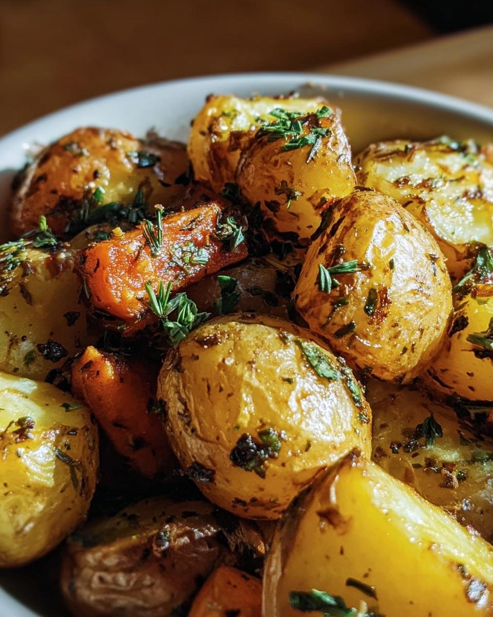 A close-up of Garlic Herb Roasted Potatoes, showcasing golden-brown potatoes with herbs and garlic.