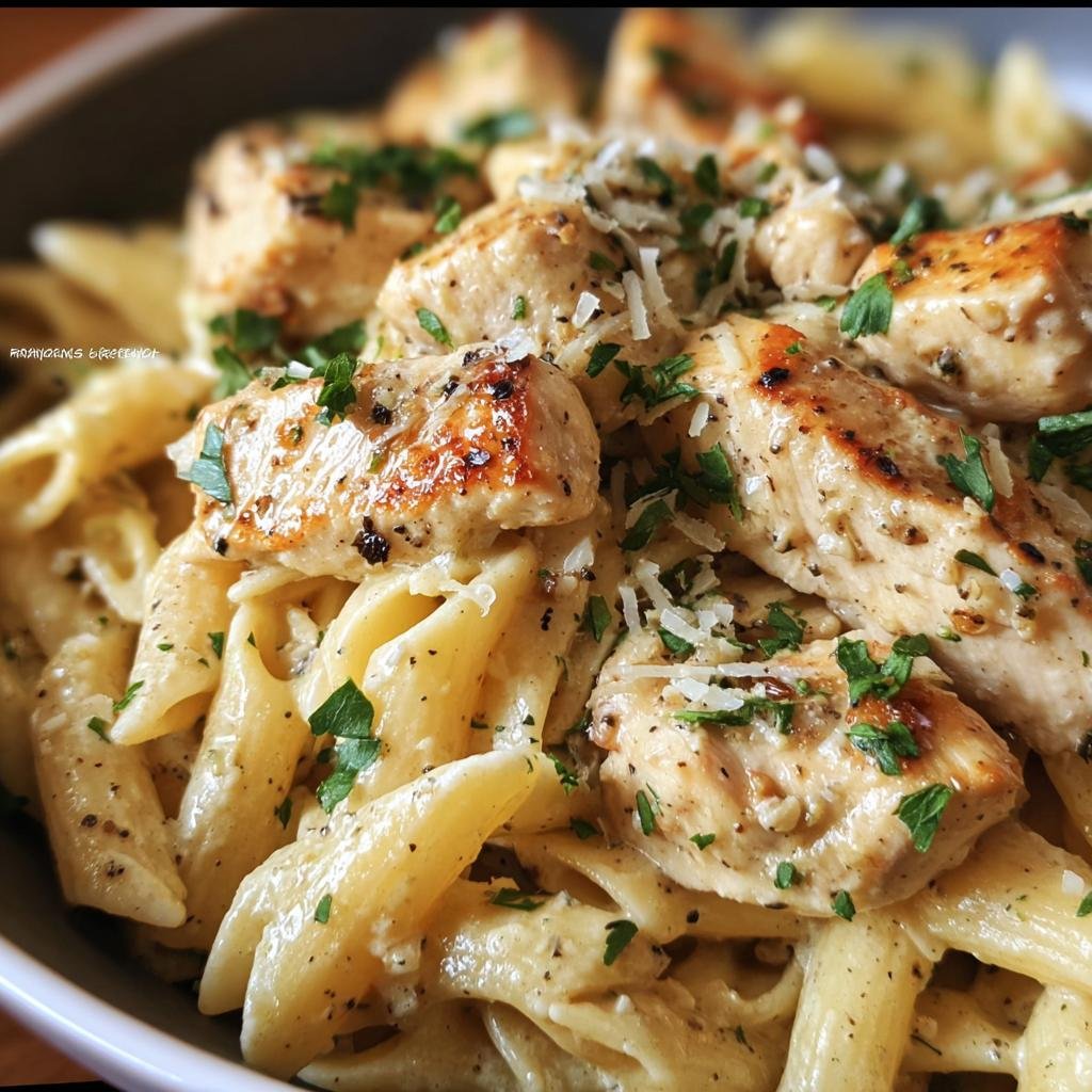 Close-up of creamy Garlic Parmesan Chicken Pasta with penne, grilled chicken, parmesan, and parsley.