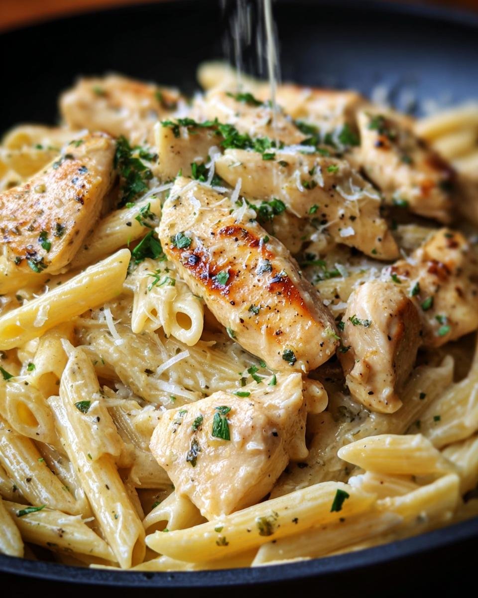 Close-up of Garlic Parmesan Chicken Pasta with penne, grilled chicken and fresh parsley.