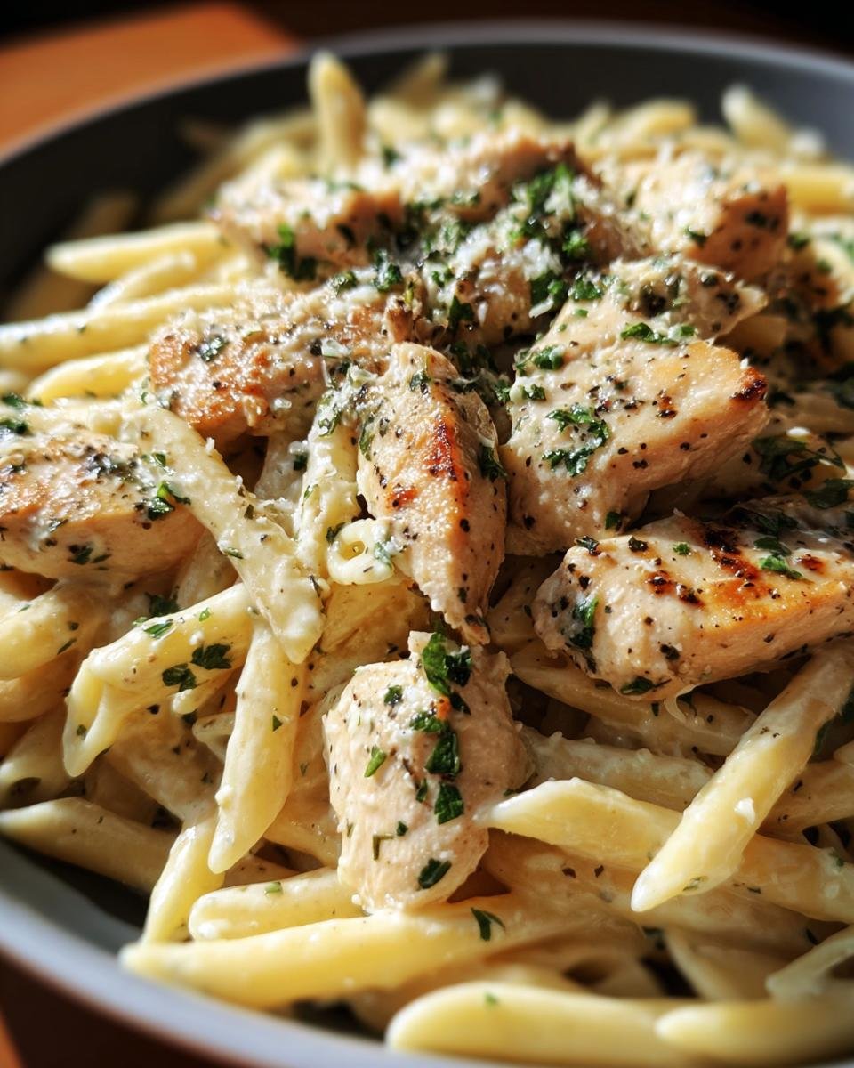 Close-up of Garlic Parmesan Chicken Pasta with penne, creamy sauce, grilled chicken, and parsley garnish.
