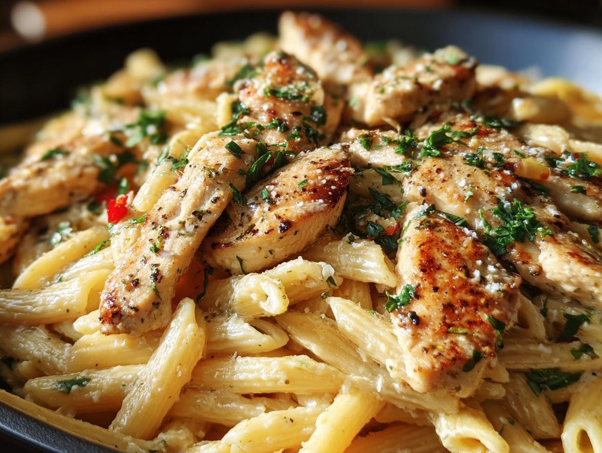 Close-up of Garlic Parmesan Chicken Pasta featuring penne pasta, sliced chicken, and a creamy parmesan sauce, garnished with parsley.