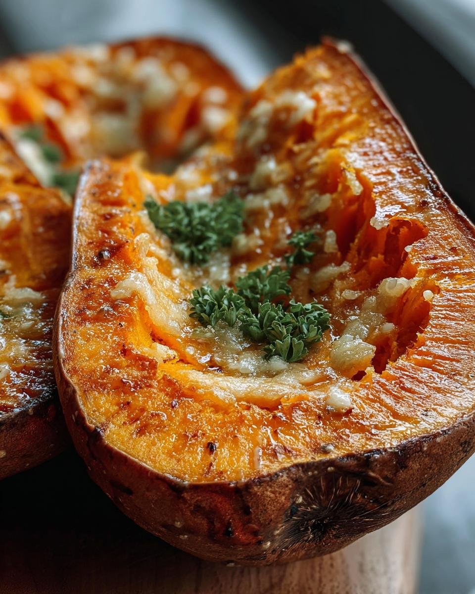 Close-up of Garlic Parmesan Sweet Potato halves, topped with melted parmesan and fresh parsley.