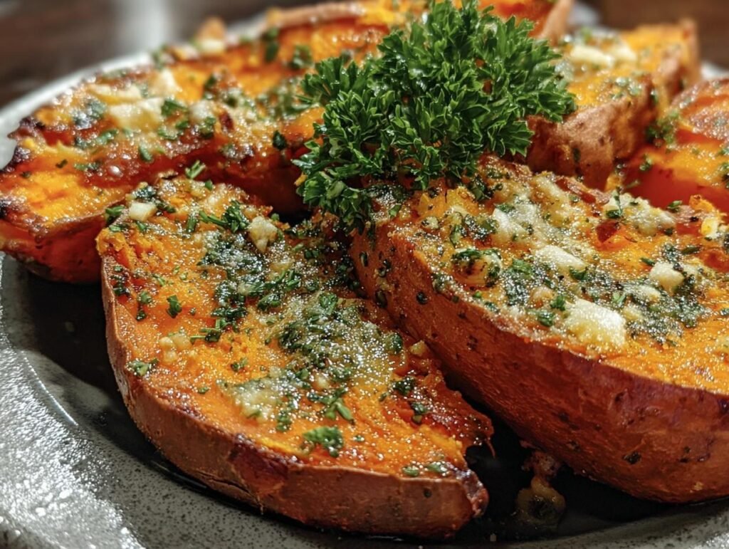 Close-up of Garlic Parmesan Sweet Potato halves, topped with herbs and cheese.