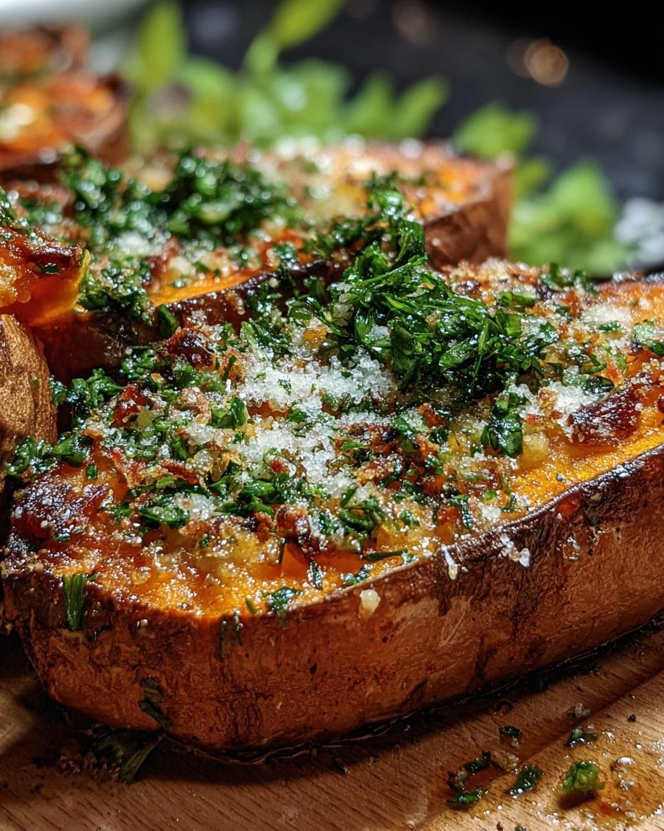 Close-up of Garlic Parmesan Sweet Potato halves, topped with herbs and grated parmesan.