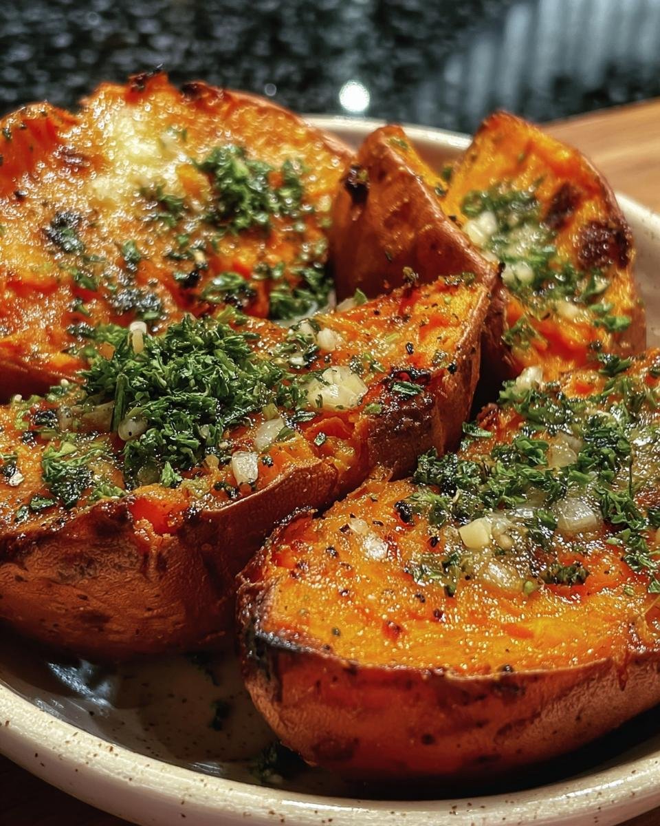 Close-up of Garlic Parmesan Sweet Potato wedges topped with fresh herbs on a plate.
