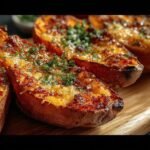 Close-up of Garlic Parmesan Sweet Potato wedges, baked and topped with herbs on a wooden board.
