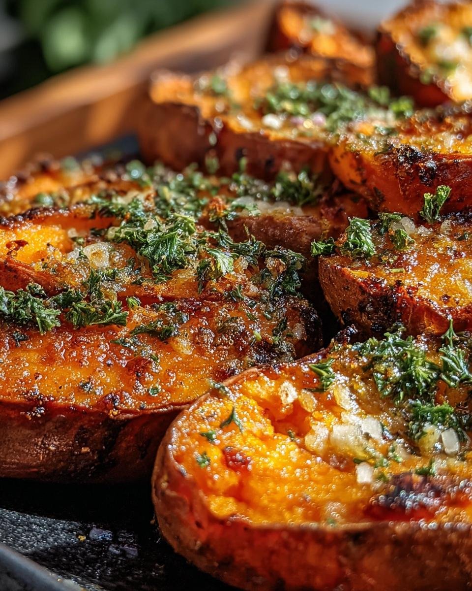 Close-up of roasted Garlic Parmesan Sweet Potato wedges with herbs.