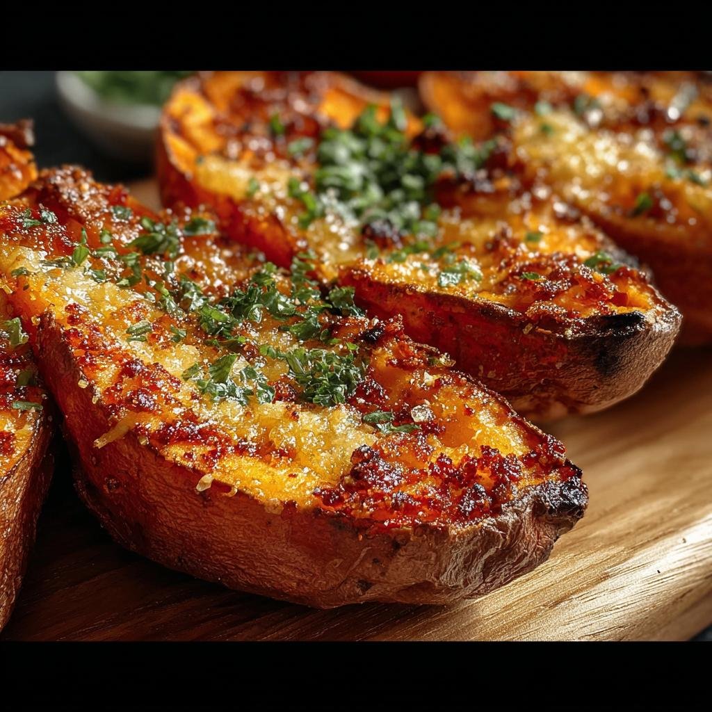 Close-up of Garlic Parmesan Sweet Potato wedges, baked and topped with herbs on a wooden board.