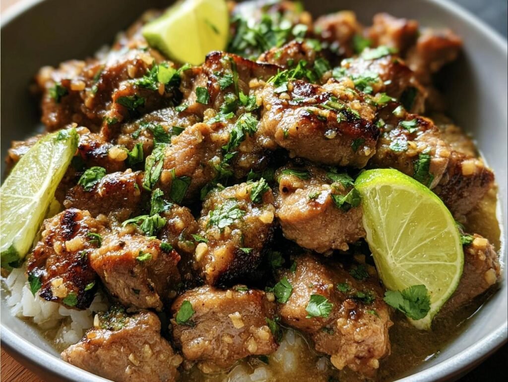 Close-up of Ginger Lime Pork with Coconut, garnished with fresh cilantro and lime wedges.