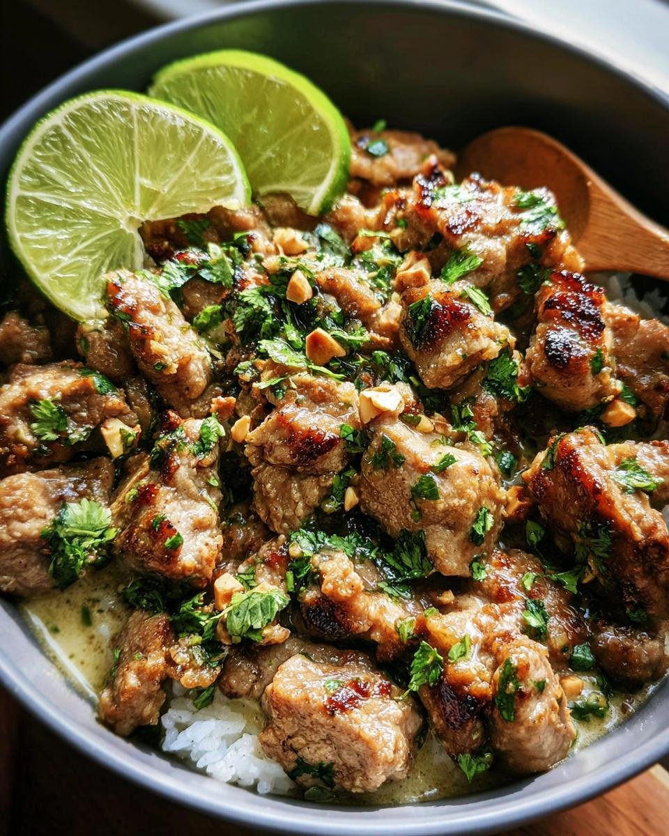 A bowl of Ginger Lime Pork with Coconut, garnished with lime wedges, cilantro, and chopped nuts.