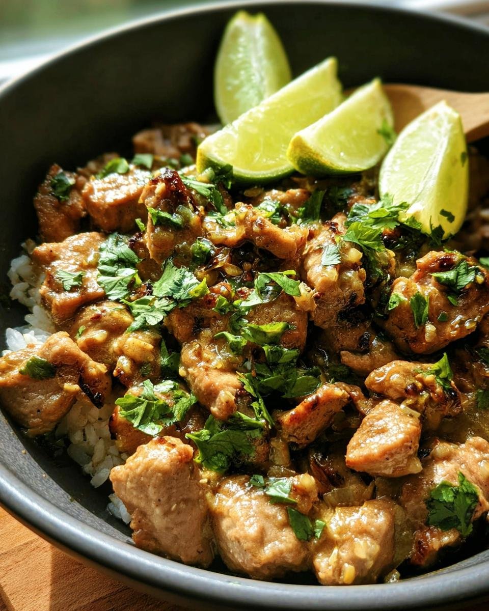 Bowl of Ginger Lime Pork with Coconut, garnished with fresh cilantro and lime wedges.