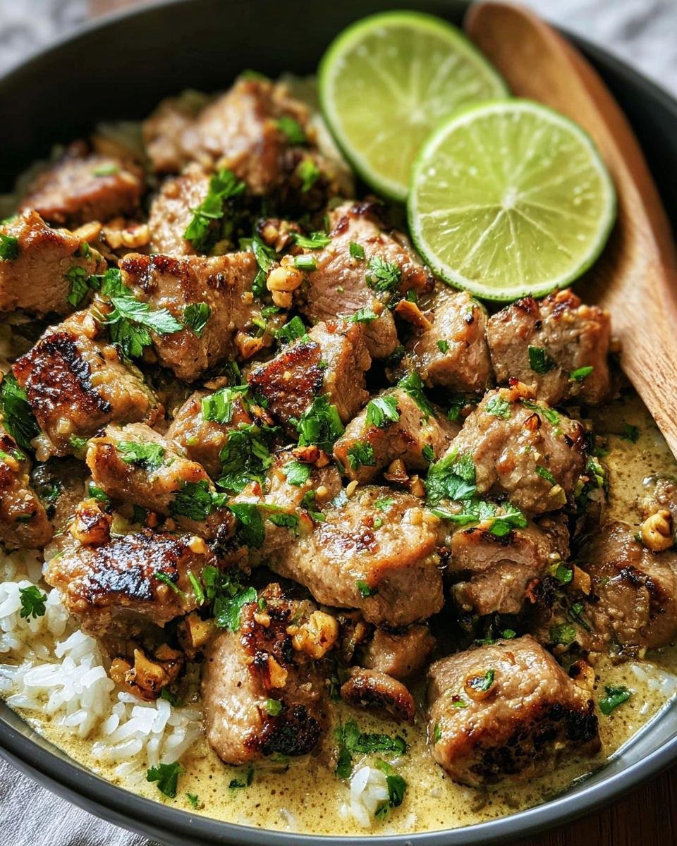 Close-up of Ginger Lime Pork with Coconut served over rice, garnished with fresh lime and herbs.