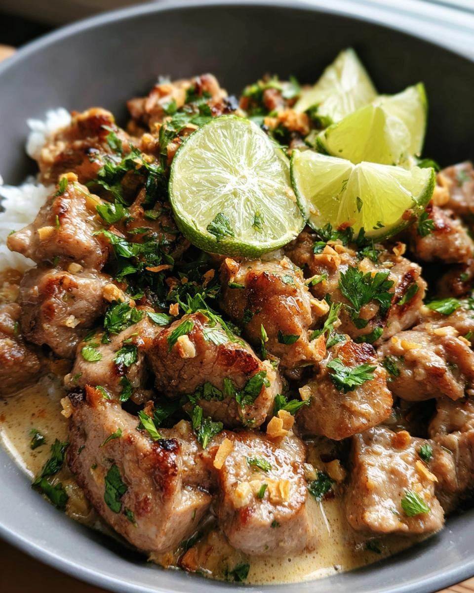 Close-up of Ginger Lime Pork with Coconut, garnished with fresh lime and parsley.