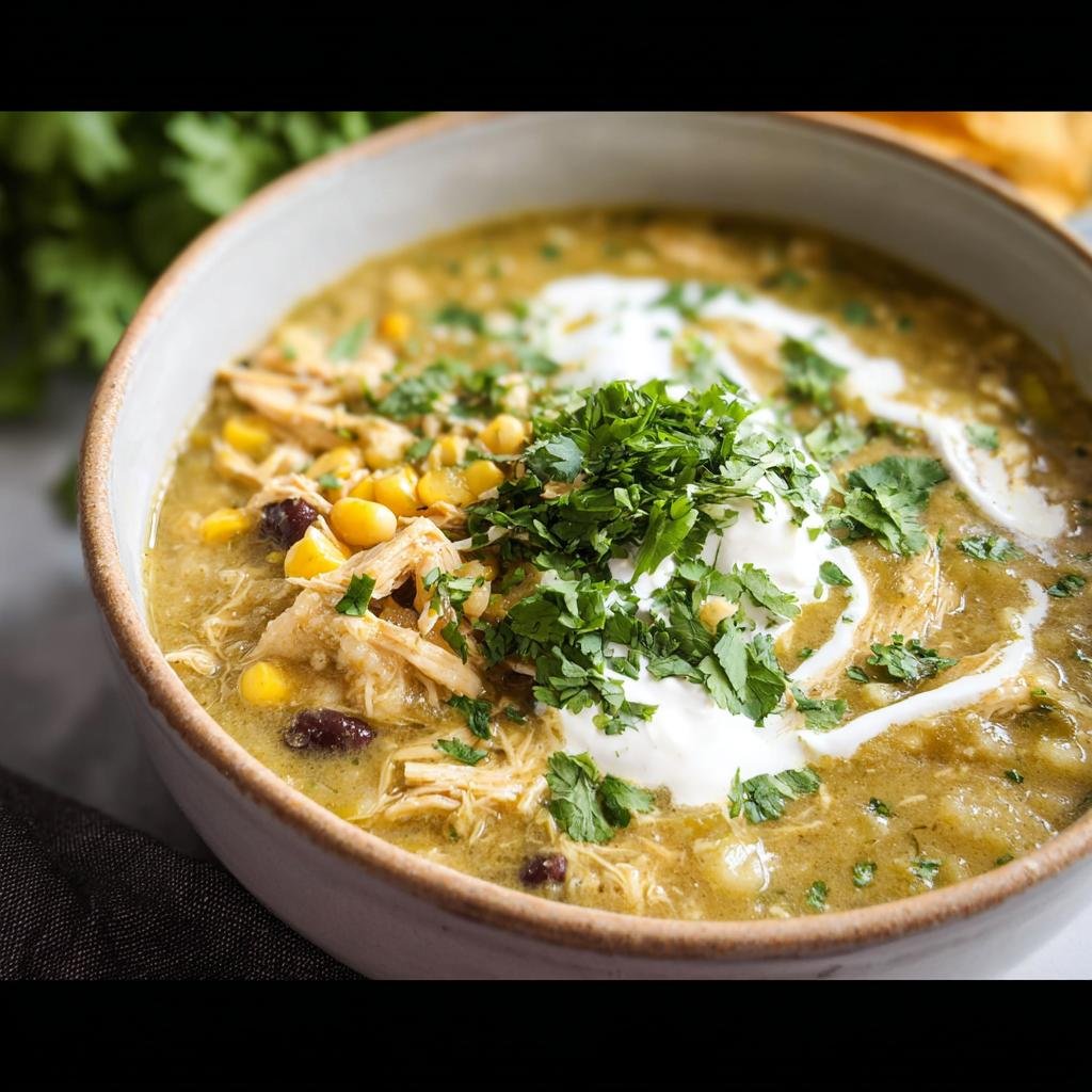 A bowl of Green Enchilada Chicken Soup, garnished with sour cream and cilantro.