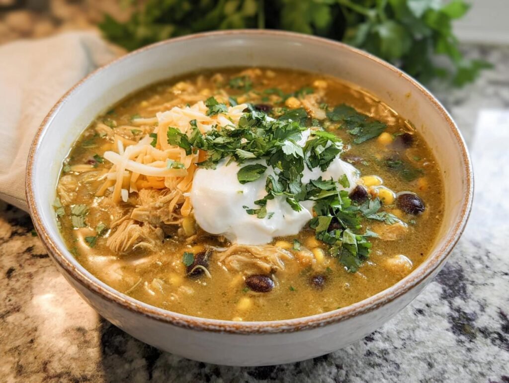 A bowl of Green Enchilada Chicken Soup topped with sour cream, cheese, and cilantro.