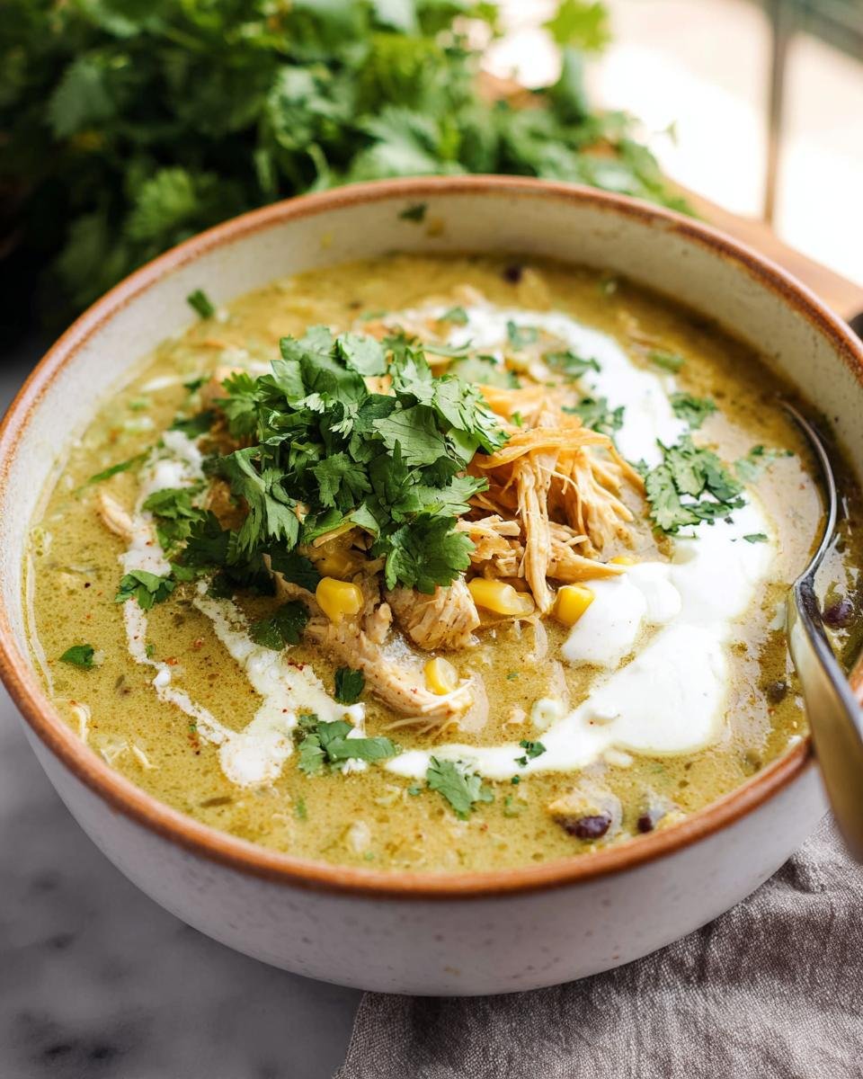 Close-up of Green Enchilada Chicken Soup in a bowl, garnished with cilantro, shredded chicken, and cream.