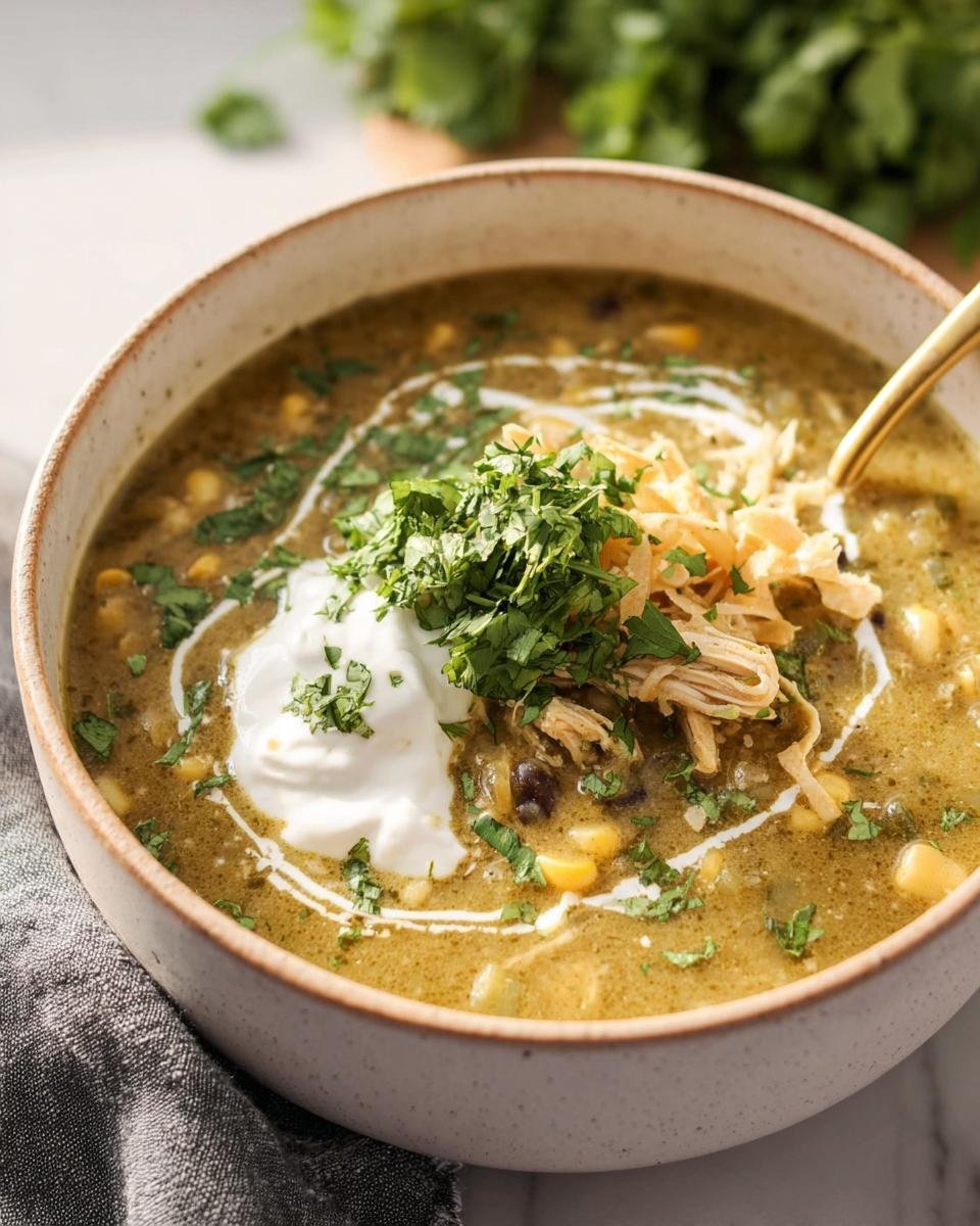 A bowl of Green Enchilada Chicken Soup topped with sour cream, cilantro, and tortilla strips.