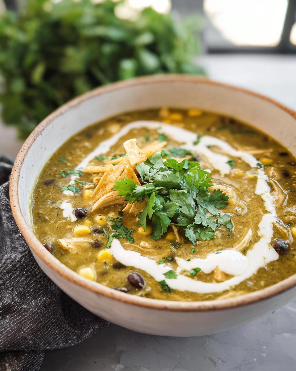 A bowl of Green Enchilada Chicken Soup topped with tortilla strips, cilantro, and a swirl of cream.