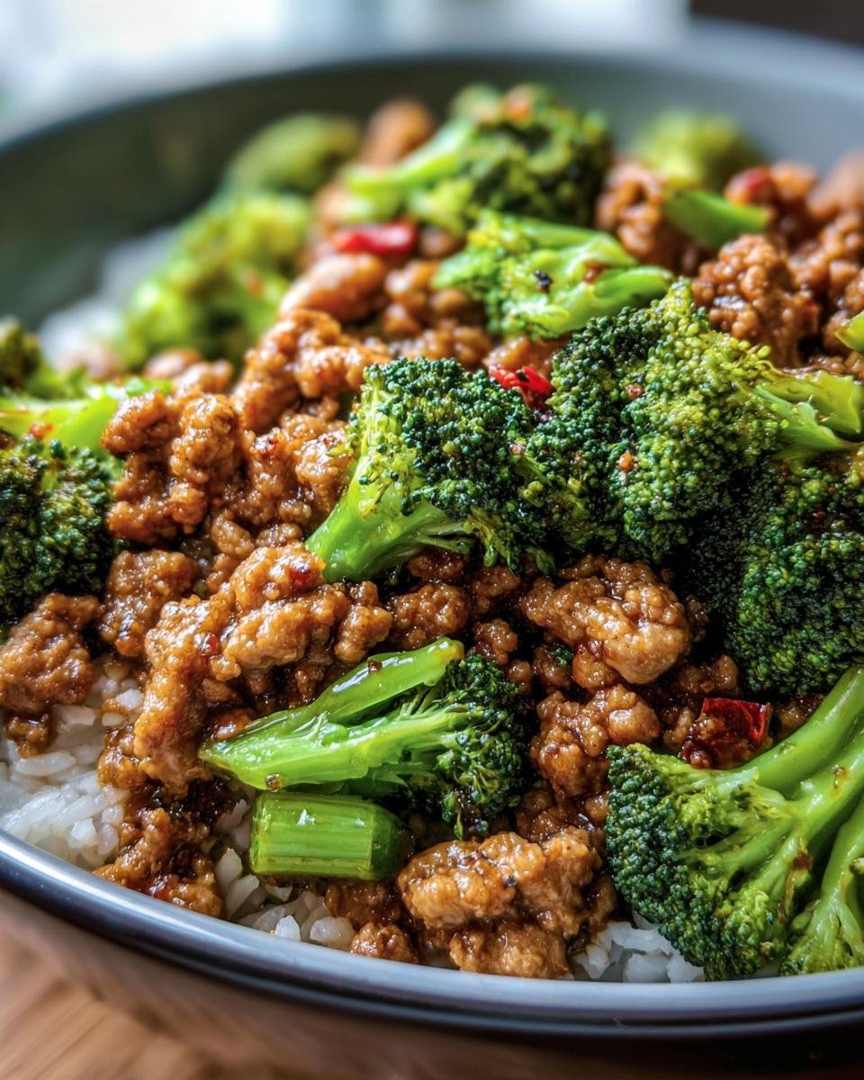 A close-up of a Ground Chicken & Broccoli Bowl, featuring seasoned ground chicken and fresh broccoli over rice.