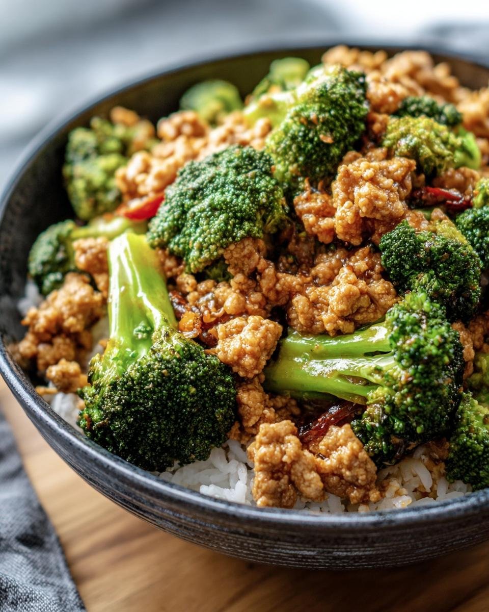 A delicious bowl of Ground Chicken & Broccoli served over white rice. A quick and easy meal!