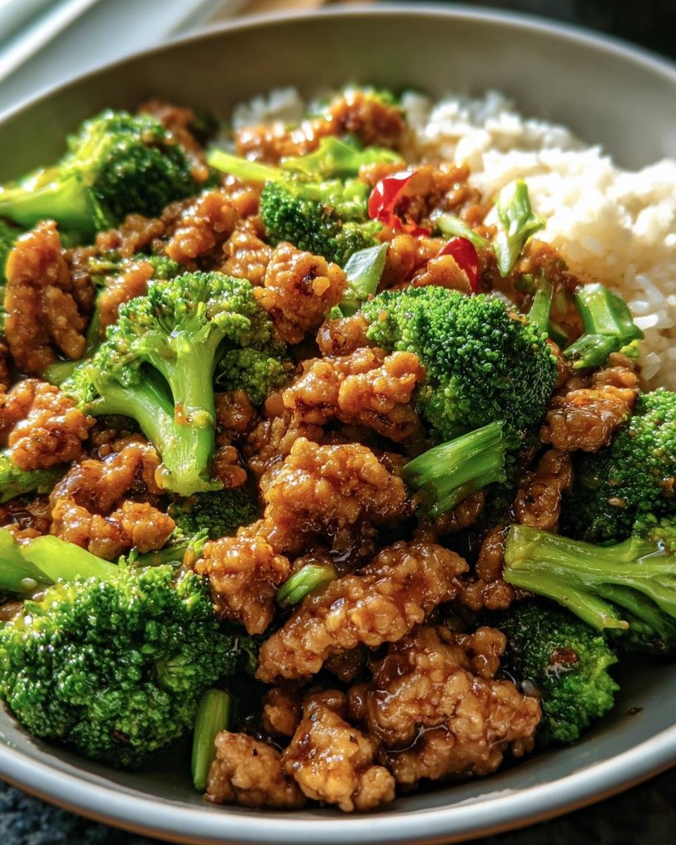 A delicious bowl of Ground Chicken & Broccoli served with white rice, garnished with green onions and red pepper.