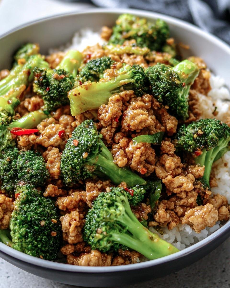 A delicious Ground Chicken & Broccoli Bowl served over white rice, garnished with red pepper flakes.
