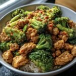 A delicious bowl of Ground Chicken & Broccoli Bowls served over rice, garnished with herbs and chili flakes.
