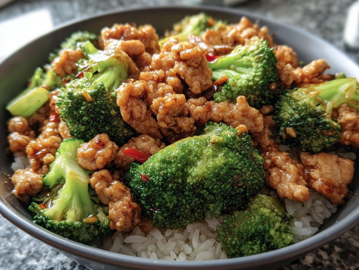 A delicious bowl of Ground Chicken & Broccoli Bowls served over white rice. Ready to enjoy!