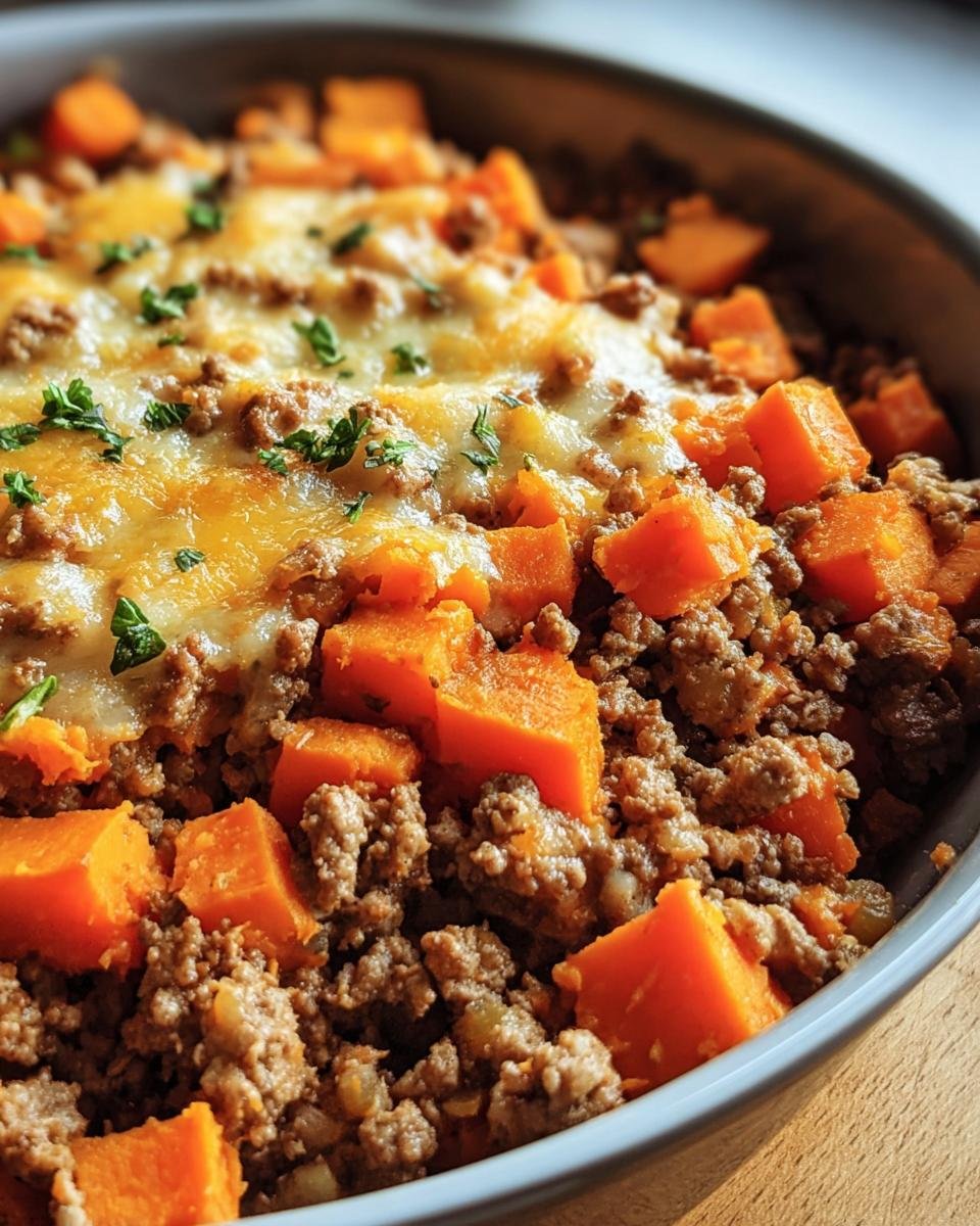 Close-up of Ground Turkey Sweet Potato bake with melted cheese and parsley garnish.