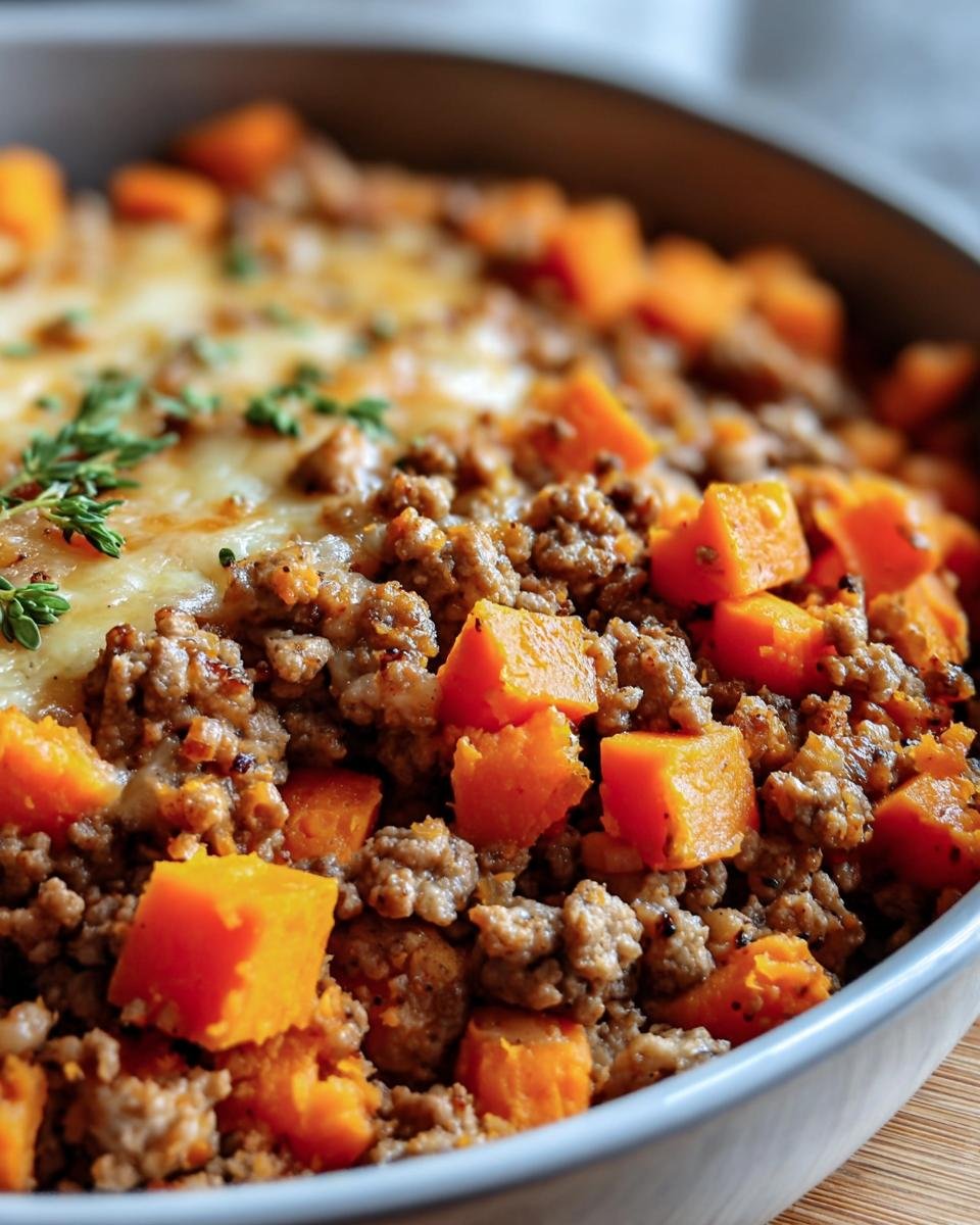 Close-up of a Ground Turkey Sweet Potato bake with melted cheese and fresh herbs.