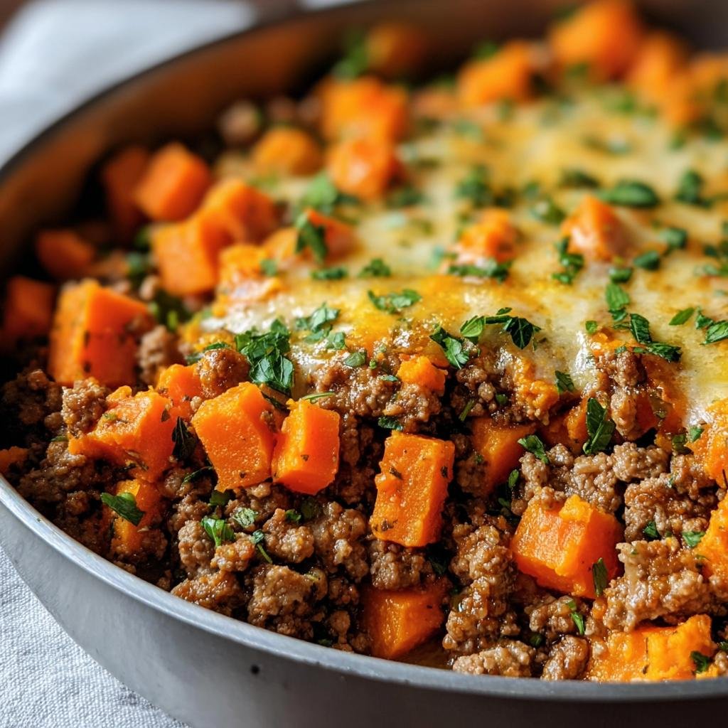 Close-up of Ground Turkey Sweet Potato bake in a pan, topped with melted cheese and fresh parsley.