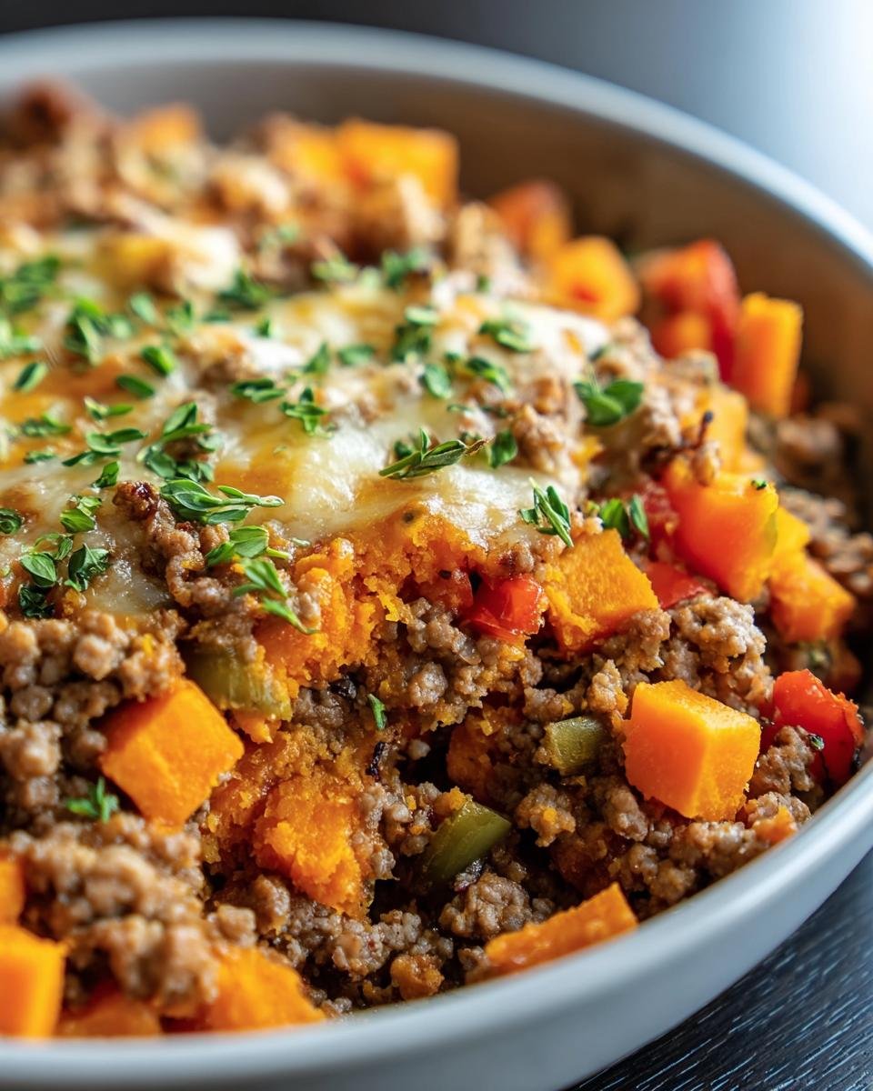 Close-up of a Ground Turkey Sweet Potato dish with melted cheese and herbs in a bowl.