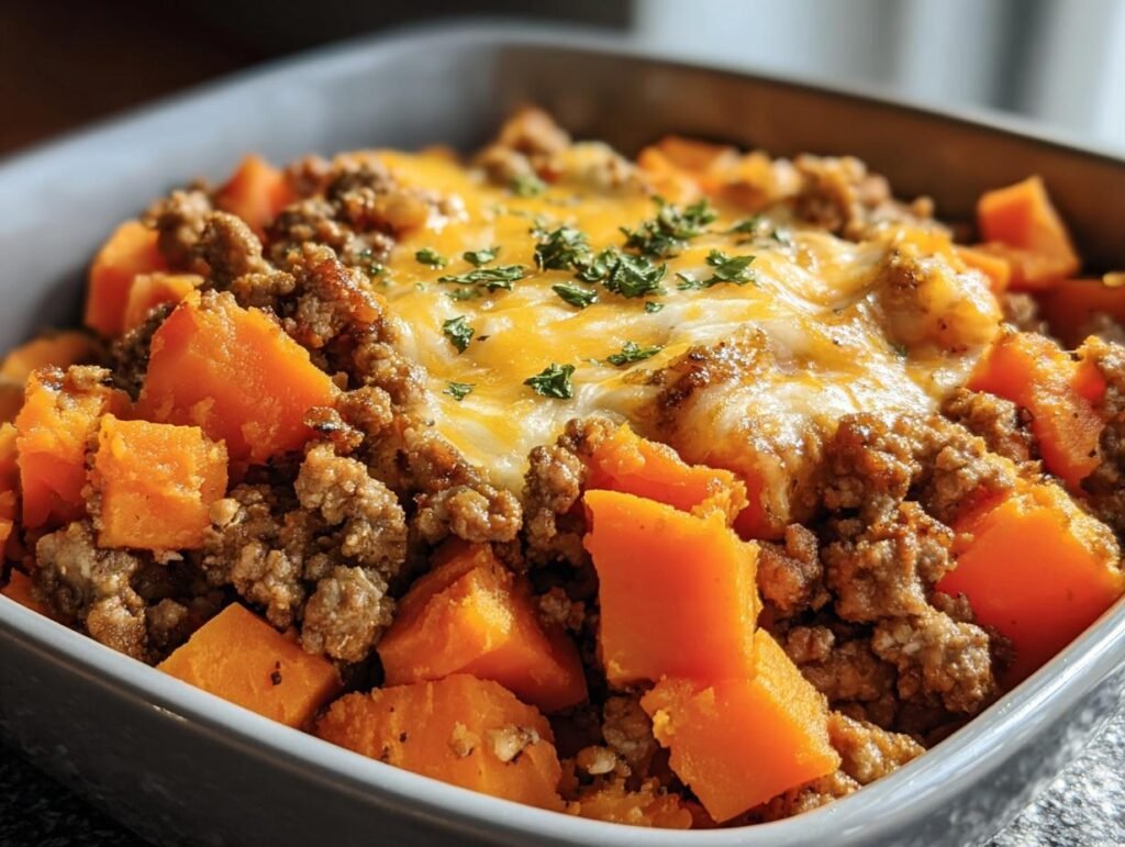 A close-up of a Ground Turkey Sweet Potato dish with melted cheese and parsley in a gray baking dish.