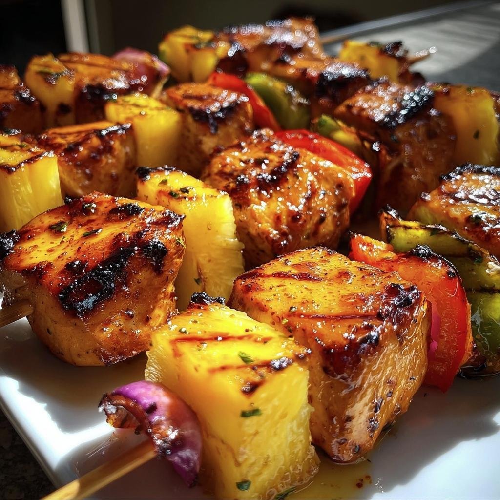Close-up of Hawaiian Chicken Pineapple Kebabs with grilled chicken, pineapple, and peppers on skewers.