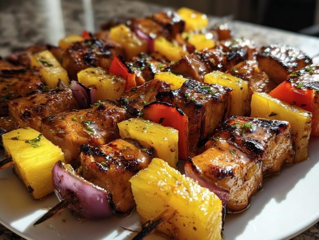Close-up of Hawaiian Chicken Pineapple Kebabs with grilled chicken, pineapple, red onion, and red bell pepper.