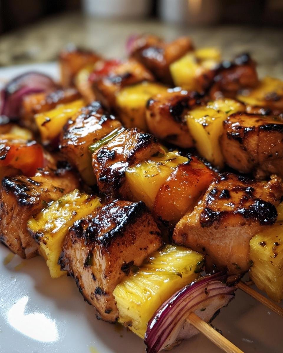 Close-up of Hawaiian Chicken Pineapple Kebabs with grilled chicken, pineapple, and red onion on skewers.