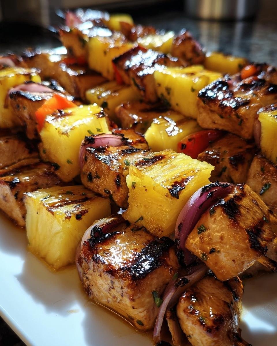 Close-up of Hawaiian Chicken Pineapple Kebabs, featuring grilled chicken, pineapple chunks, red onion, and bell peppers.