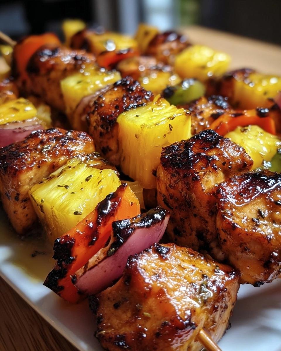 Close-up of Hawaiian Chicken Pineapple Kebabs with grilled chicken, pineapple, peppers, and red onion.