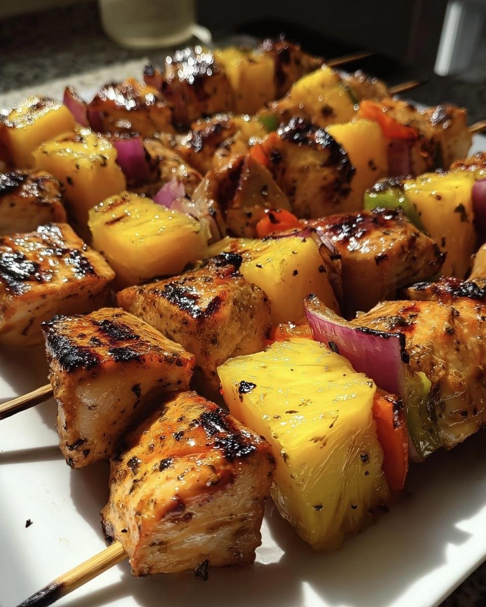 Close-up of Hawaiian Chicken Pineapple Kebabs with grilled chicken, pineapple, and vegetables on skewers.