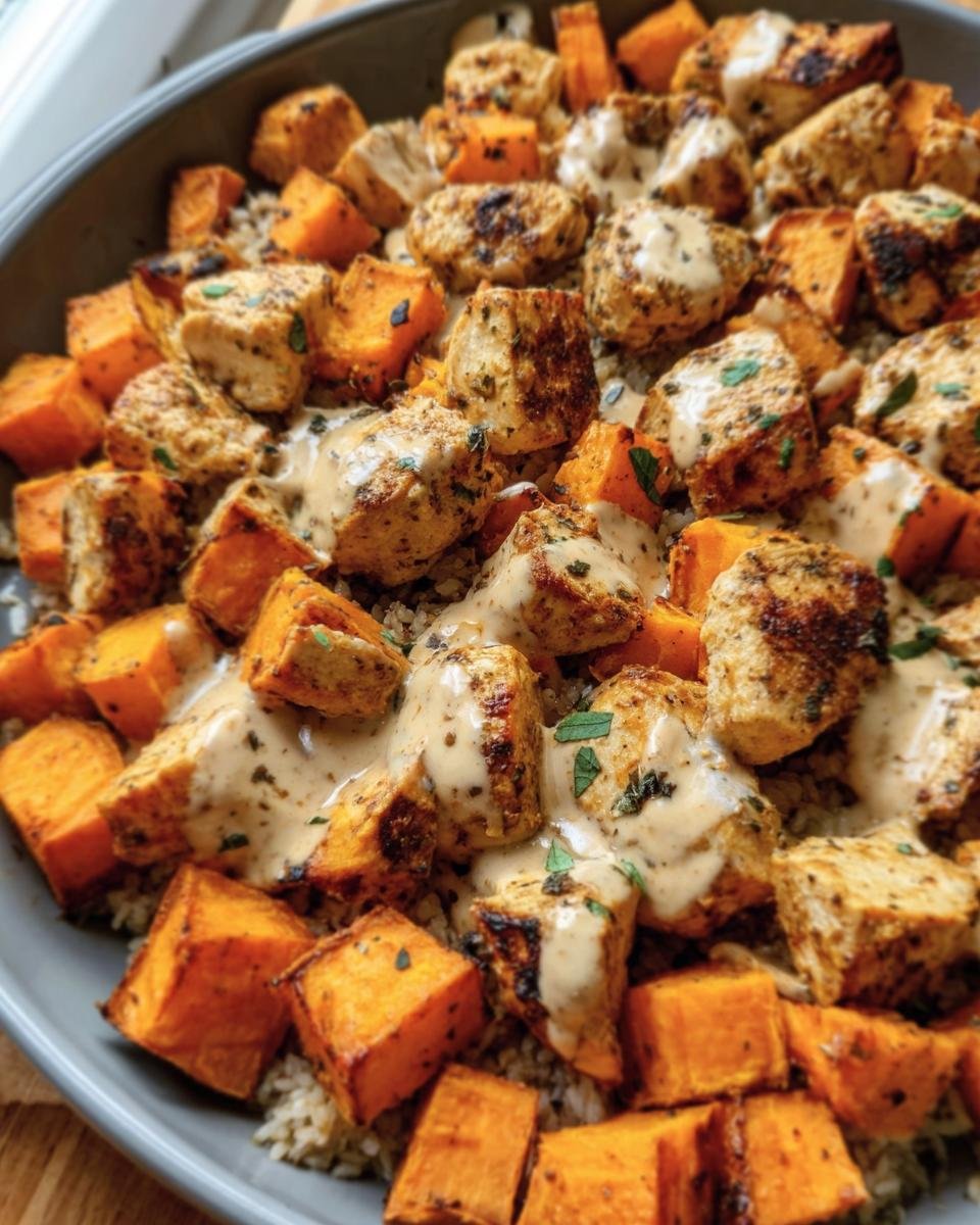 Close-up of a Healthy Chicken & Sweet Potato bowl with a creamy sauce and fresh herbs.