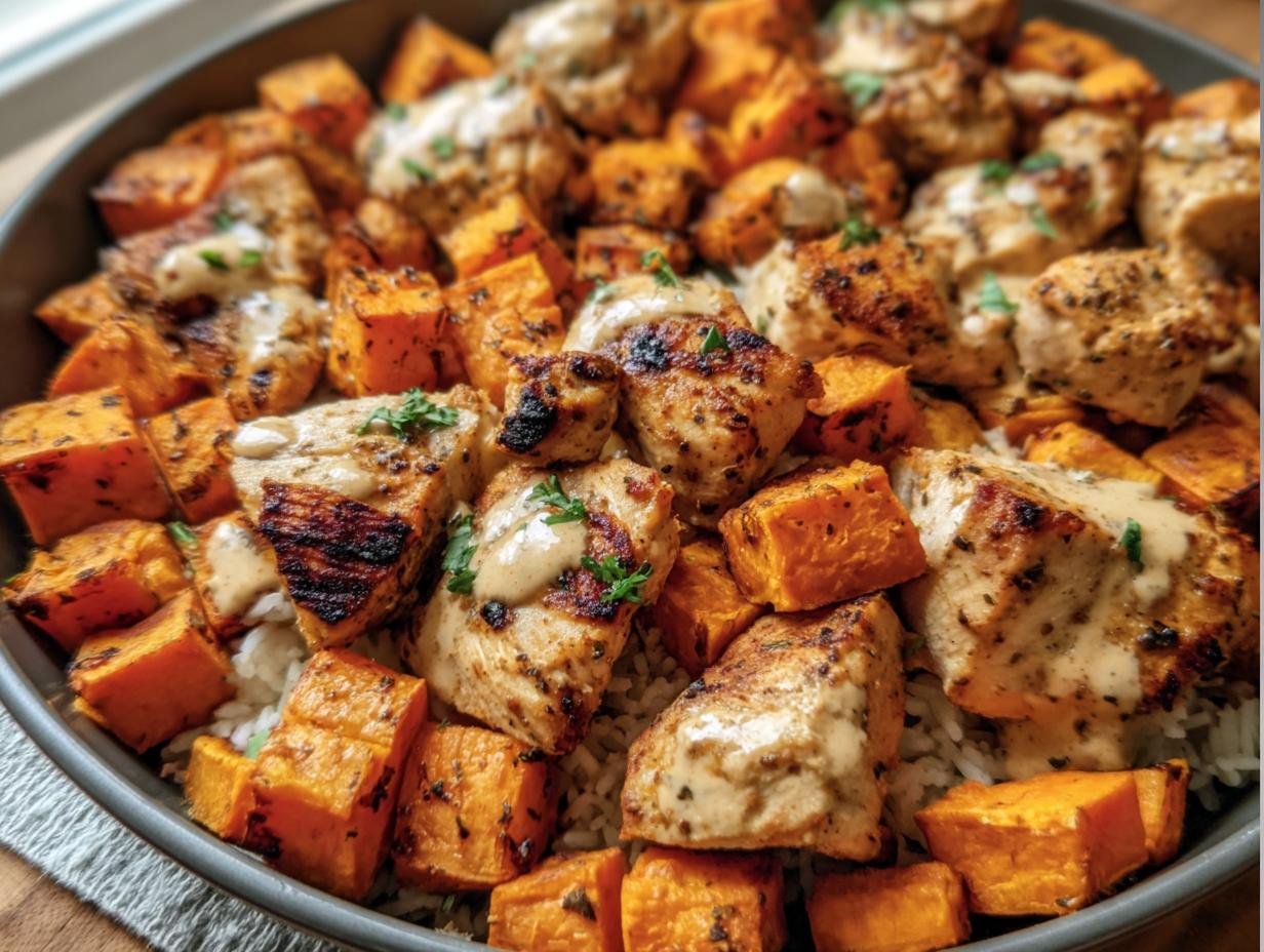 A bowl of healthy chicken & sweet potato with rice and a creamy sauce, garnished with herbs.