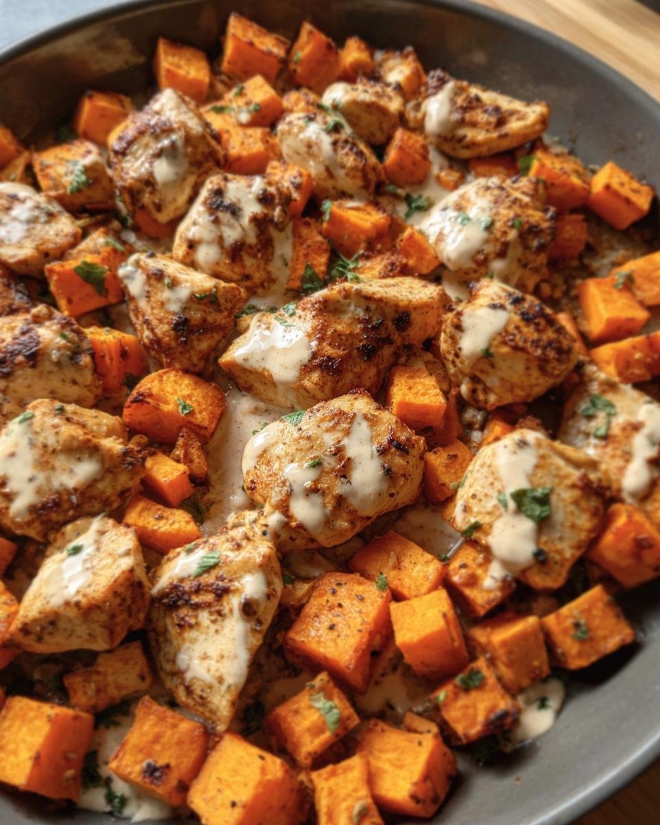 Overhead shot of Healthy Chicken & Sweet Potato dish with a creamy sauce and herbs.