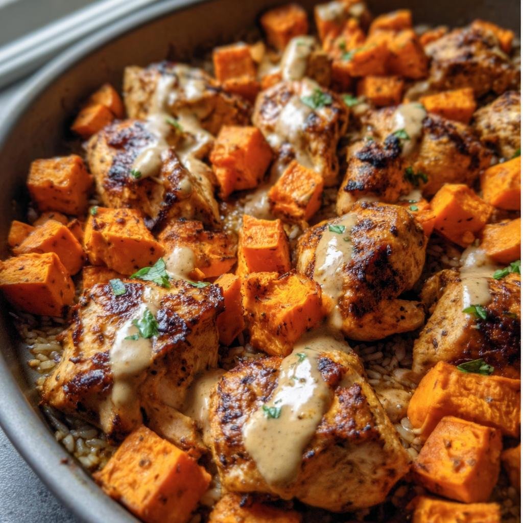 Overhead shot of Healthy Chicken & Sweet Potato tray bake with sauce and herbs.