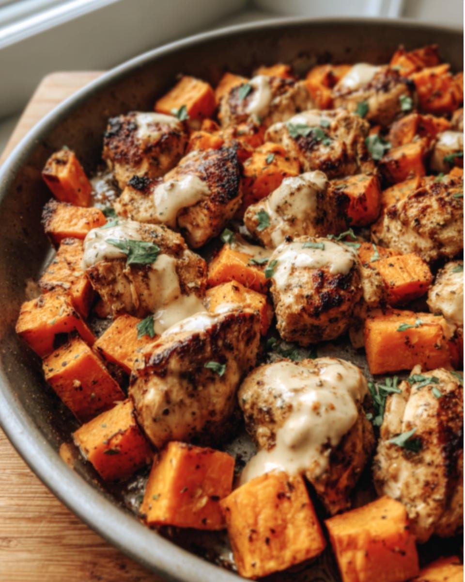 A pan of Healthy Chicken & Sweet Potato cubes, drizzled with sauce and garnished with herbs.