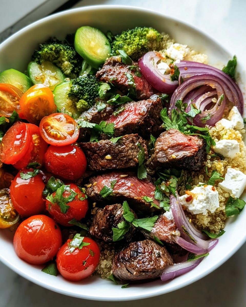 Overhead shot of a vibrant Healthy Steak Bowl with steak, quinoa, tomatoes, broccoli, zucchini, and red onion.