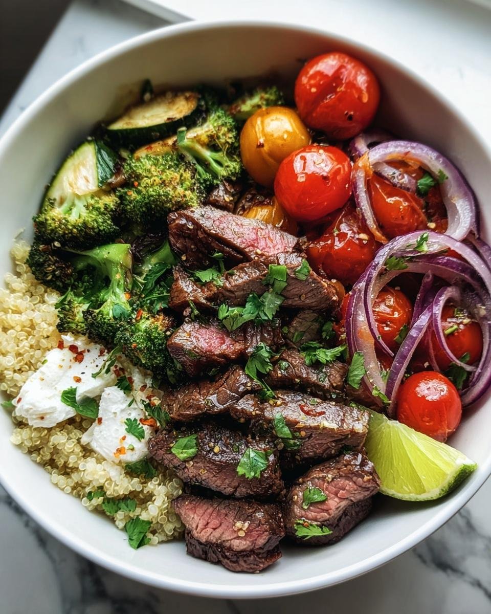 Overhead shot of a Healthy Steak Bowl with sliced steak, quinoa, broccoli, tomatoes, red onion, and a lime wedge.