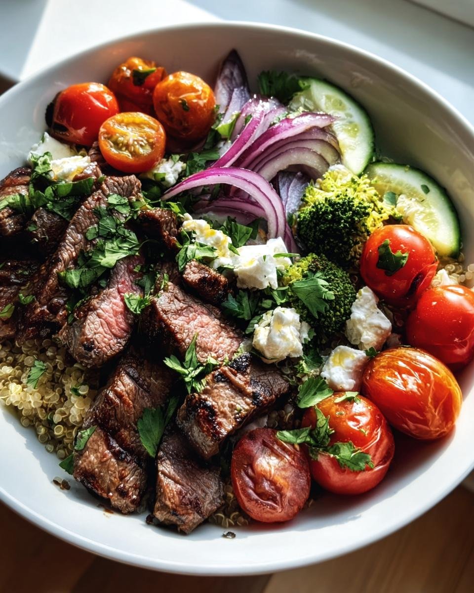 A vibrant Healthy Steak Bowl featuring grilled steak, quinoa, tomatoes, red onion, cucumber, broccoli, and feta cheese.