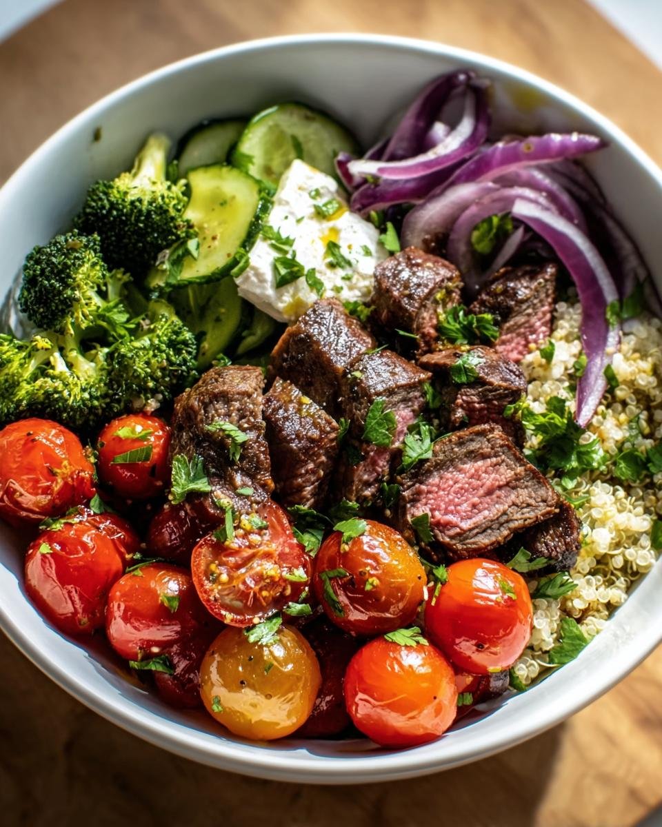 A vibrant Healthy Steak Bowl filled with grilled steak, quinoa, broccoli, tomatoes, cucumber, red onion, and feta.