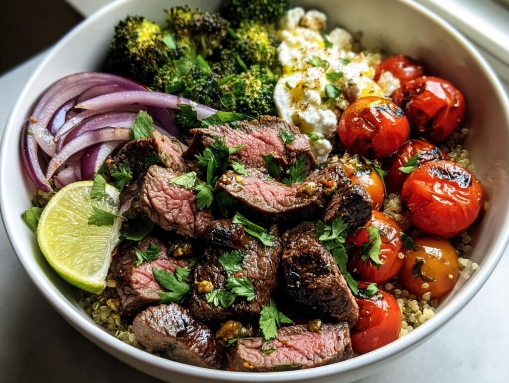 A vibrant Healthy Steak Bowl featuring grilled steak, quinoa, roasted tomatoes, broccoli, red onion, and a lime wedge.